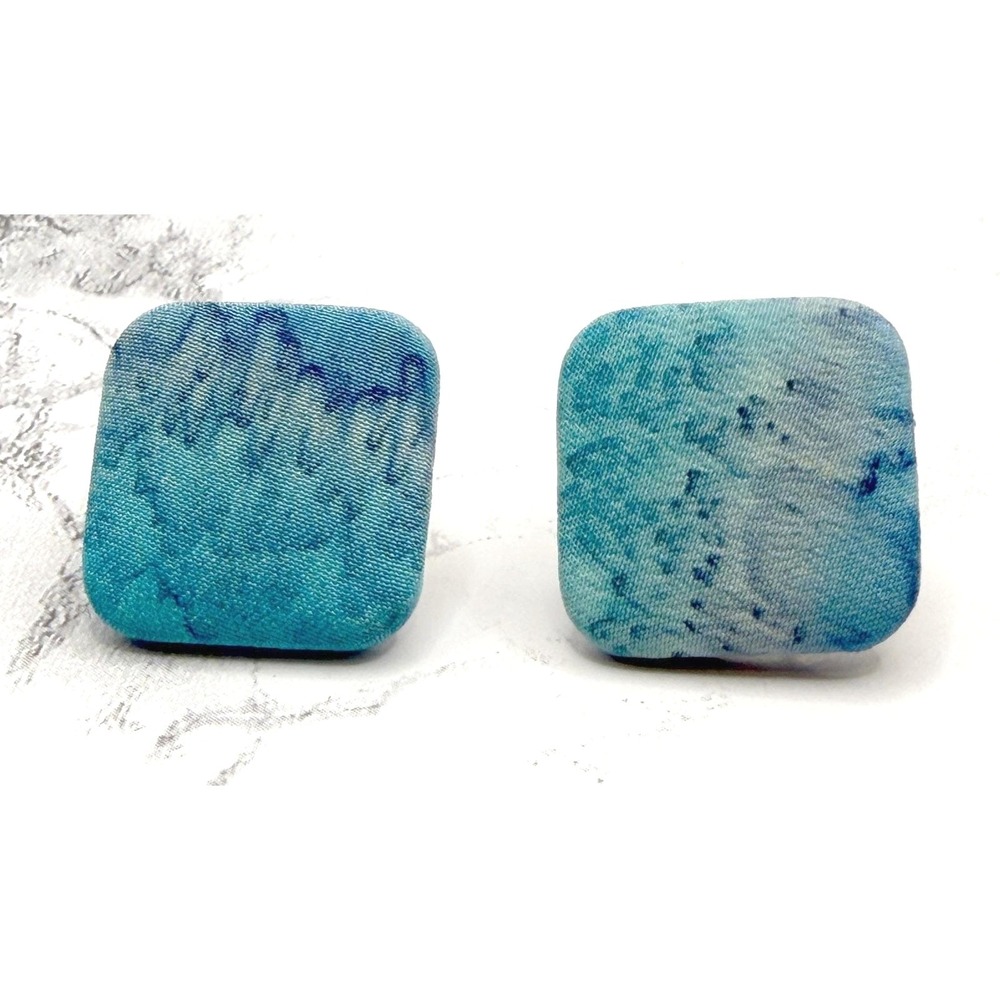 Blue Fabric Statement Stud Earrings Square Textile Boho 1" Piercedβ